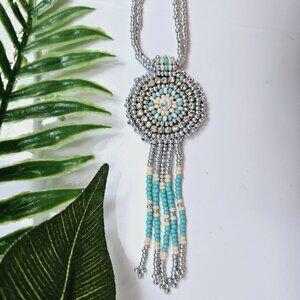 Pendant Necklace - Womens Silver Fringe Beaded Jewelry